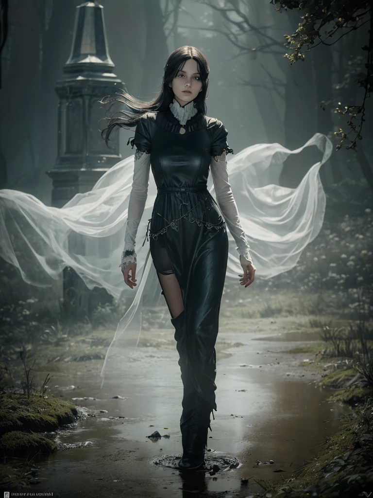 (junge Frau, Allein, Ganzkörper,  Hyperrealismus, Gothic Kleid), (Nacht), Trends auf Artstation, Mondlicht, blühendes Feld, Hände auf den Hüften, (GeisterhafterStil, geisterhafter Nebel), Grusel, zerfetzte geisterhafte Kleidung, ghostdarksouls, Gespenst,  schwebend