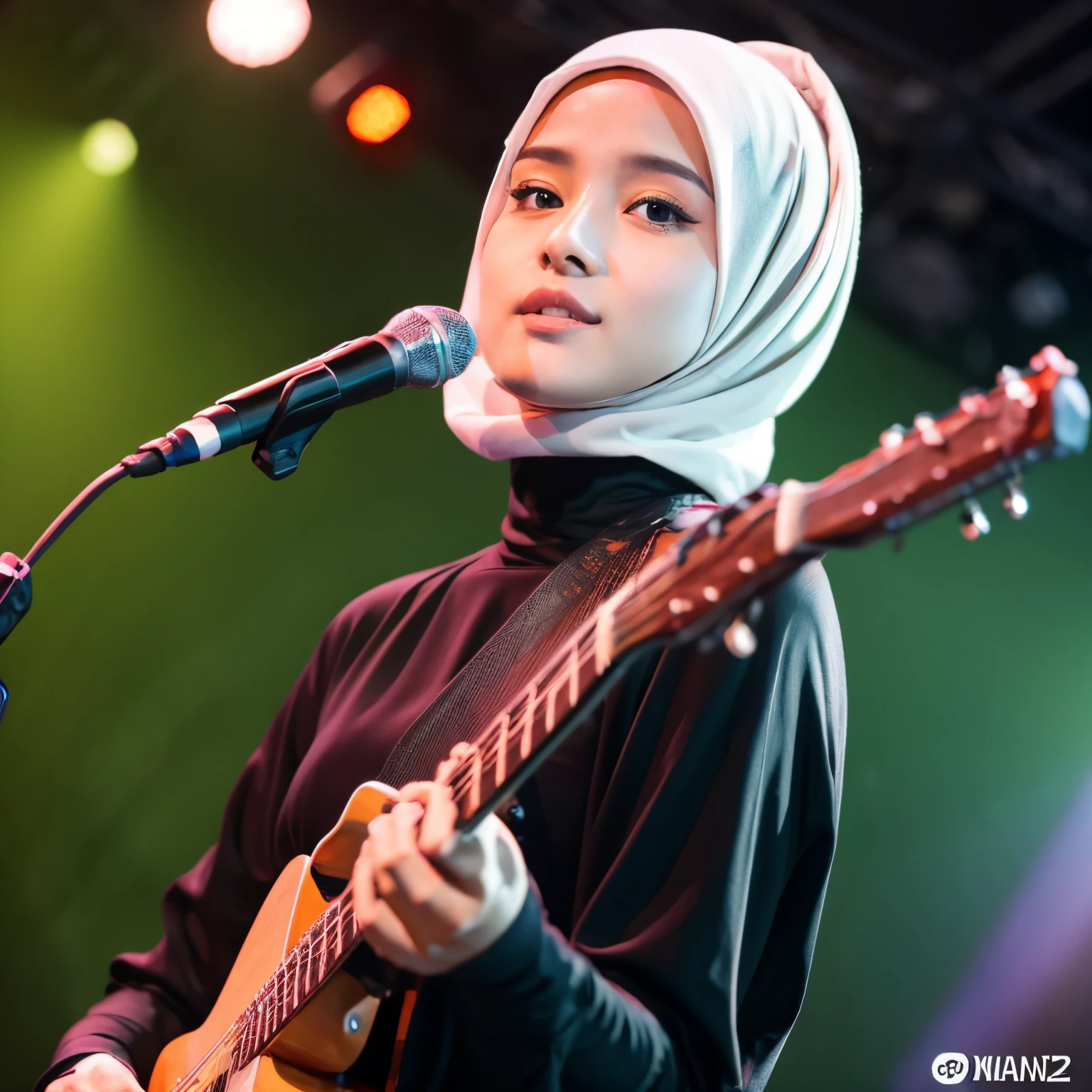 Arafed woman with a headscarf playing a guitar and singing into a  microphone - SeaArt AI