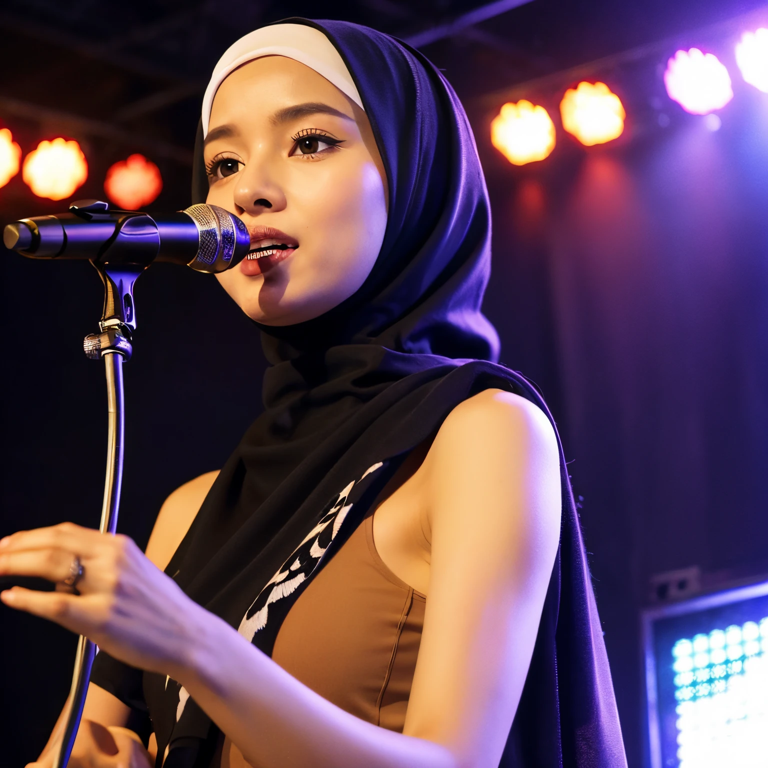 Woman in hijab singing into a microphone on stage - SeaArt AI