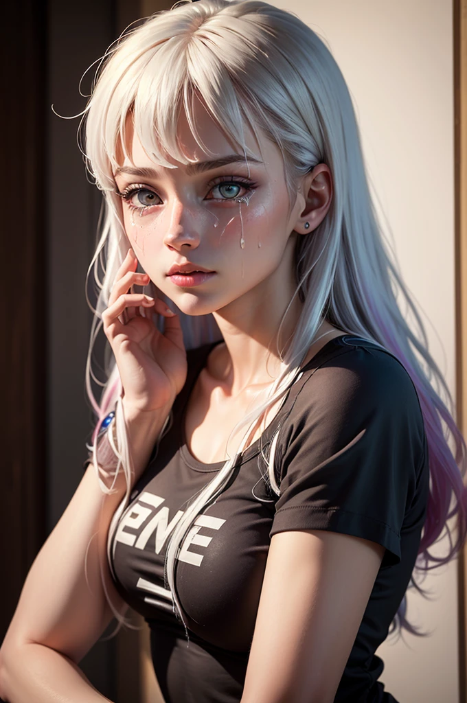 ((high quality, masterpiece:1.4)), 1girl, upper body, gym clothes, white hair, rainbow colored hair, gradient hair, pretty face, beautiful face, beautiful eyes, beautiful girl, pretty girl, perfect facial shape, absurdres, realistic proportions, dynamic pose, high details, intricate, intricate details, realistic eyes, realistic eye proportions, sharp focus, 32k, realistic lighting, extreme details, realistic pupils, realistic proportion eyes, realistic proportions pupils, realistic shadows, evafie, cum on face, facial, bukkake, cumming on girls face, crying, sad