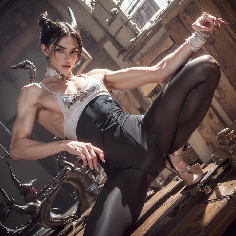 (8k, photo, best quality, masterpiece, erotic, homoerotic, beautiful eyes, claws, ballet tights, crotch bulge, ballet style:1.35), (androgynous male, depraved villain, jabberwock, alice ballet:1.5)