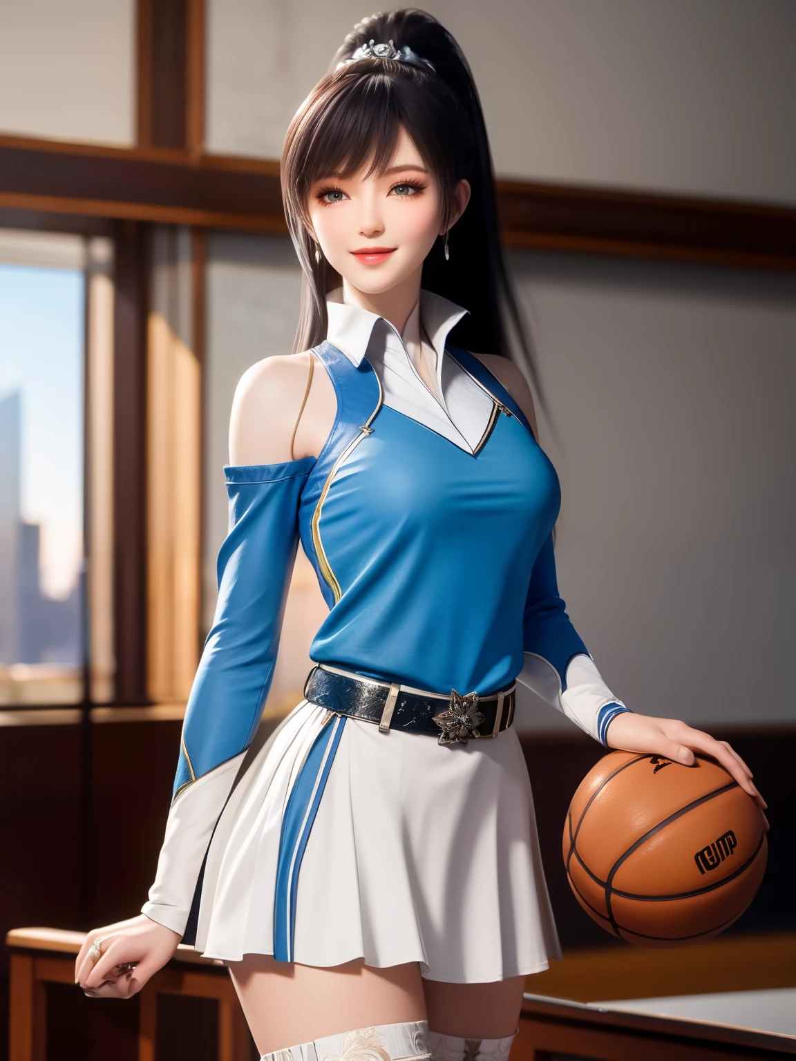 1girl, long hair, dress,hair ornament, cityscape, night, thighhighs, high collar,white skirt,ponytail, cowboy shot, long sleeves, belt,blue eyes,makeup,1lady solo, /(basketball uniform/), mature female, /(light brown hair/) bangs, kind smile, (masterpiece best quality:1.2) delicate illustration ultra-detailed, large breasts BREAK /(civic gymnasium/) indoors