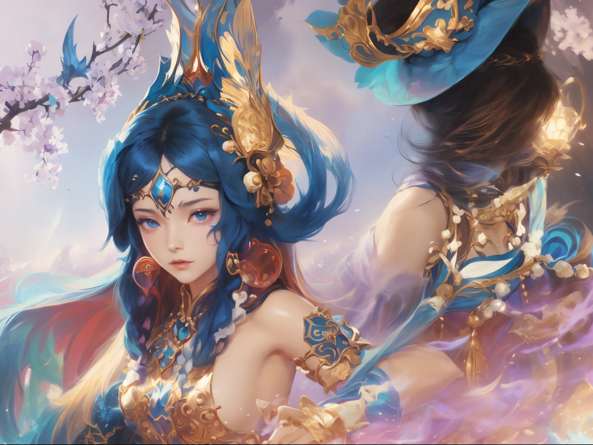 Anime girl wearing blue hat and blue clothes holding, beautiful fantasy empress, onmyoji detailed art, 《the first god》Ke Qingyu, 《the first god》Zhongli in Zhongli, ((beautiful fantasy empress)), Inspired by PwC, heise jinyao, Inspired by Lan Ying, Inspired by Luo Mu