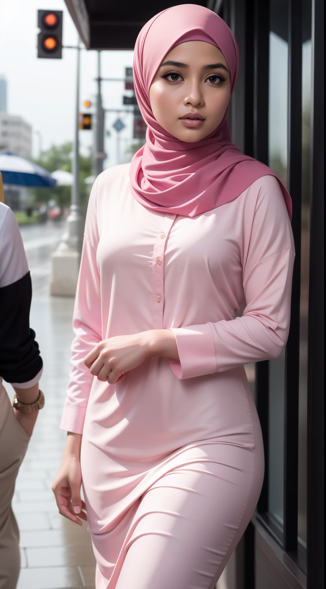 Muslim woman in pink dress walking down the street - SeaArt AI