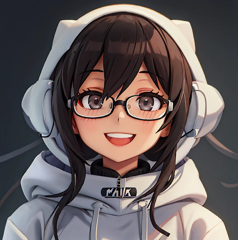 smiling  girl, Hoodie, big headphone, nerdy, Black-rimmed glasses