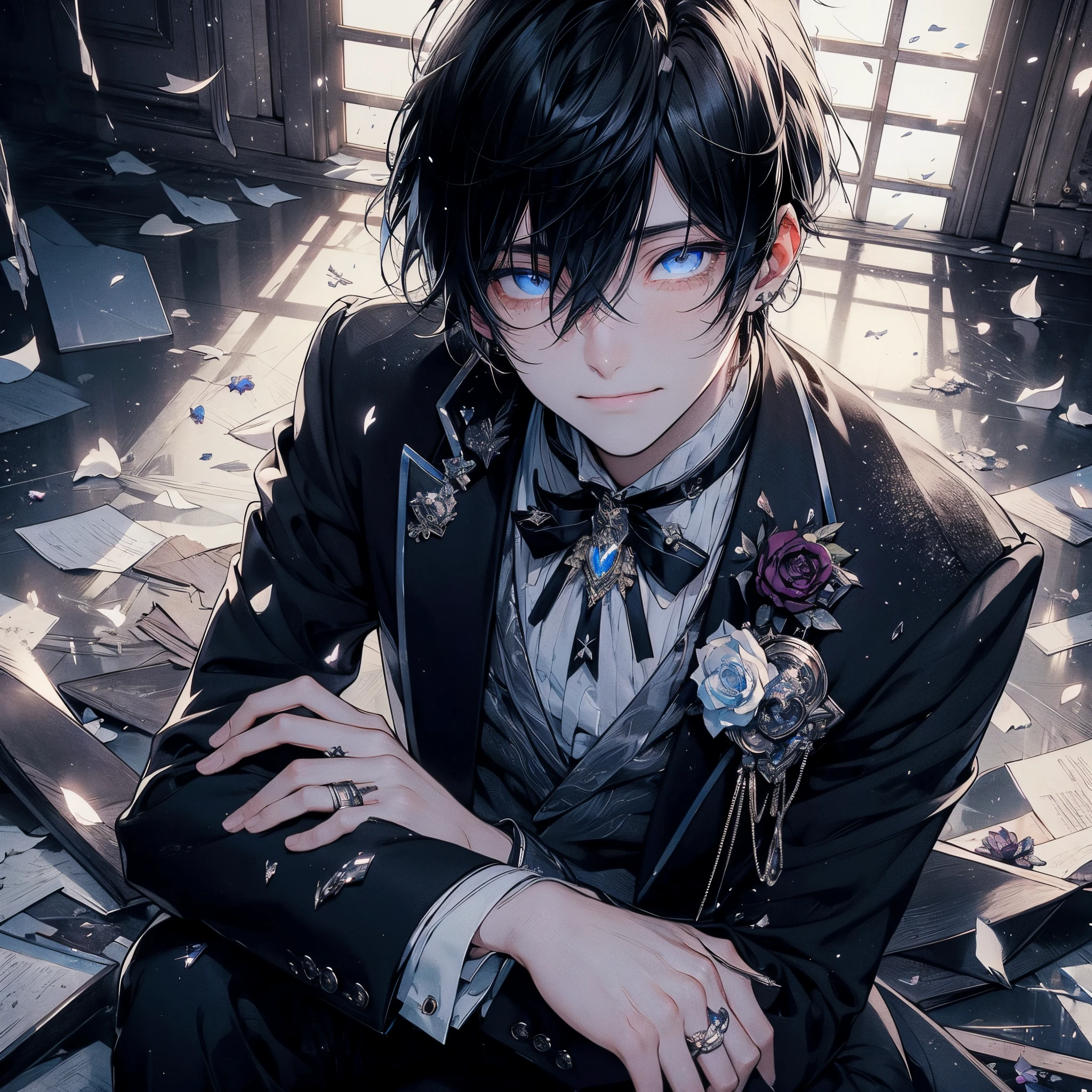 Beautiful young man, Jet black hair, Deep blue eyes, Elegant but disheveled formal attire, Sitting on the floor, embracing knees, Smiling through tears, Shimmering broken heart pendant, Dimly lit room with shattered mirrors, Overhead view with scattered petals, Subtle raindrop-like tears and soft glows around the character.