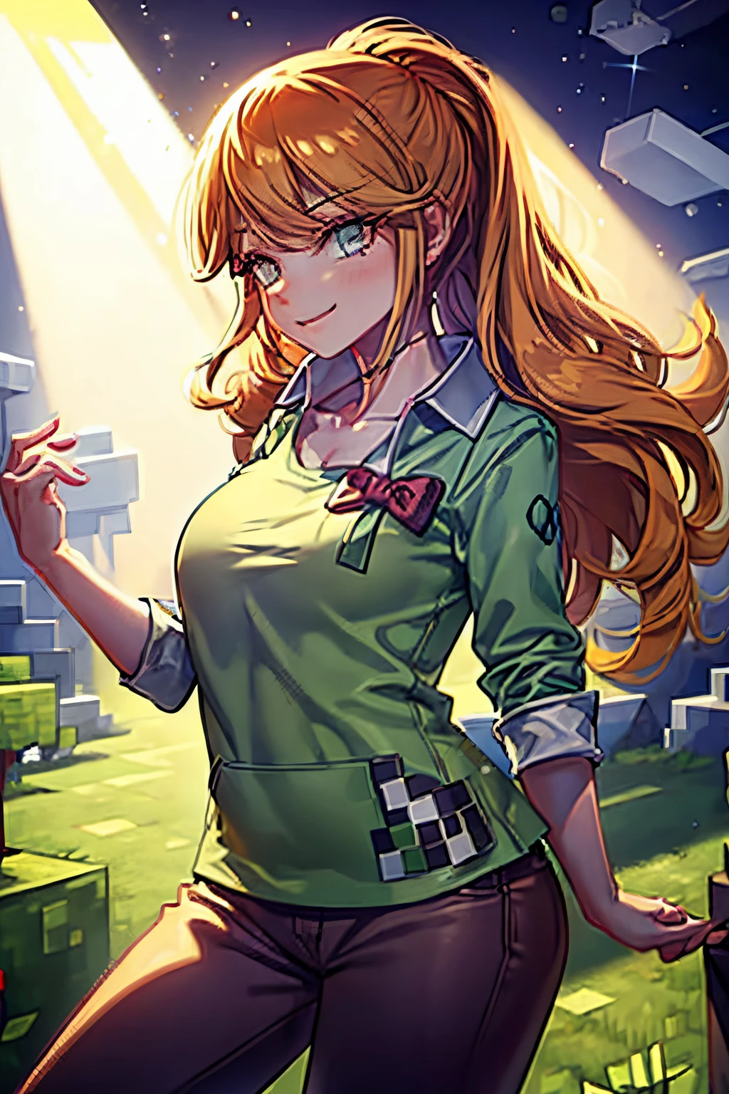 Anime girl with long hair and green shirt standing in front of a building -  SeaArt AI