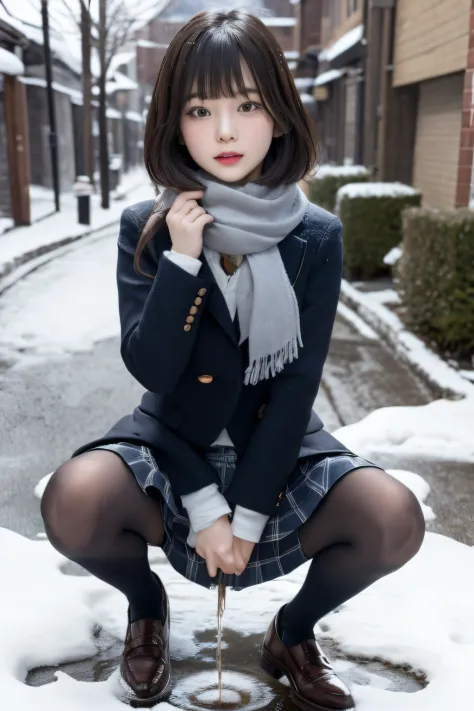 Masterpiece、top-quality、girl1、ultra-detailliert　A dark-haired、Blunt bangs　Schoolgirl Uniform、scarf、Leather shoes　pissing　Snow To...