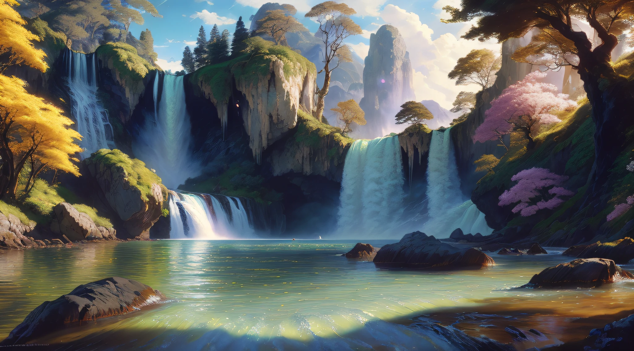 analogue style,ChromaV5,nvinkpunk,(Extremely detailed CG-8k wallpaper),Illustration of bright majestic waterfall cascading from rocky cliff, Illuminated by bright sunlight, The water sparkles as it falls, casting a rainbow of colors, The surrounding scenery  lush and green, There are tall trees and wild flowers here,award winning photography, color difference; geometric shapes, depth of fields, strength, Detailed pubic hair, full bloom, HighDynamicRange , Oil painting by John Singer Sargent, Frederic Church, and Thomas Moran,Hot topics on artstation, CGsociety trends, halfway art