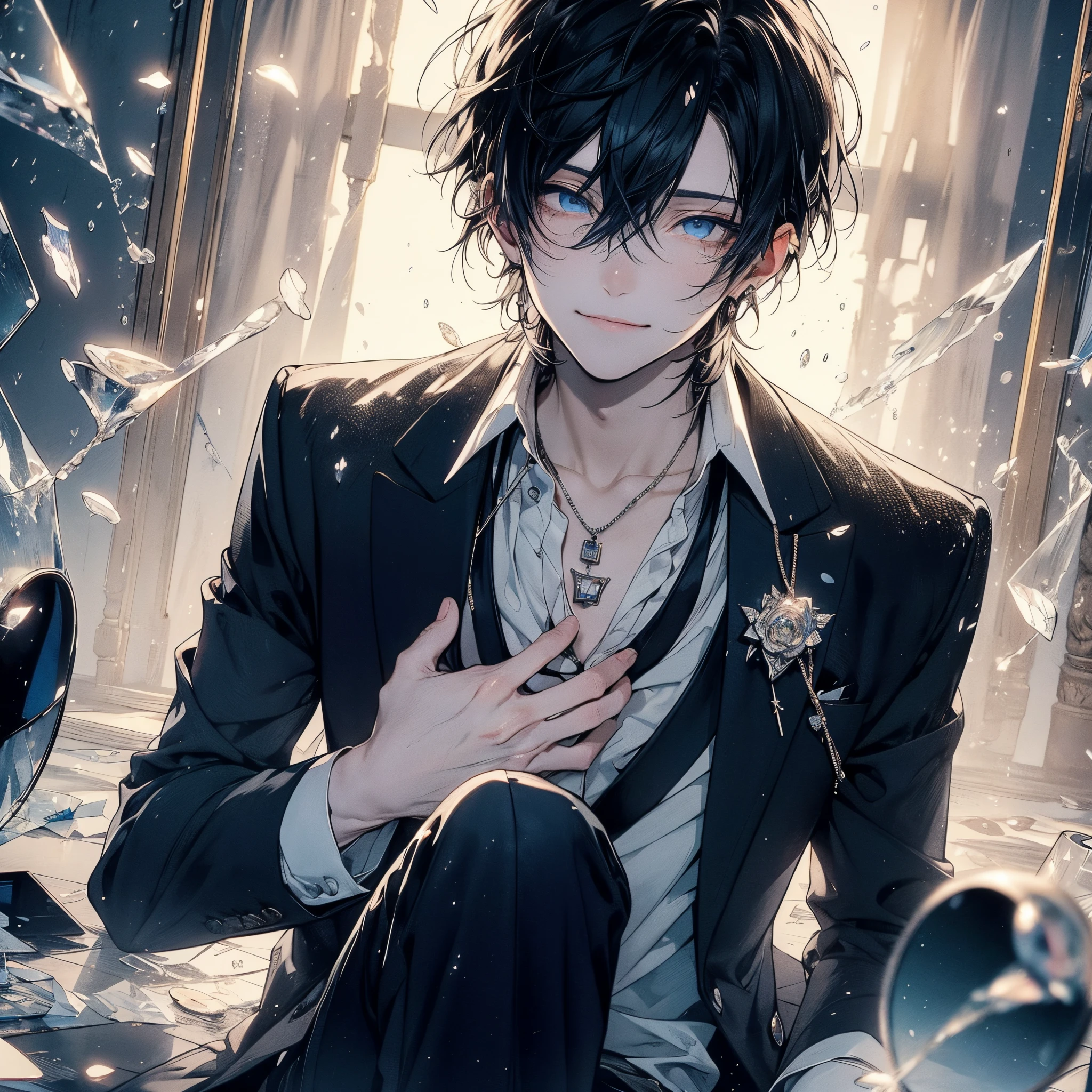 Beautiful young man, jet-black hair, Deep Blue Eyes, Elegant but disheveled formal attire, Sitting on the floor, Hug your knees, Smile even though you shed tears, sparkling broken heart pendant, powder々A dim room with a shattered mirror, An overhead view of scattered petals, Tears like subtle raindrops and a soft glow around the character.