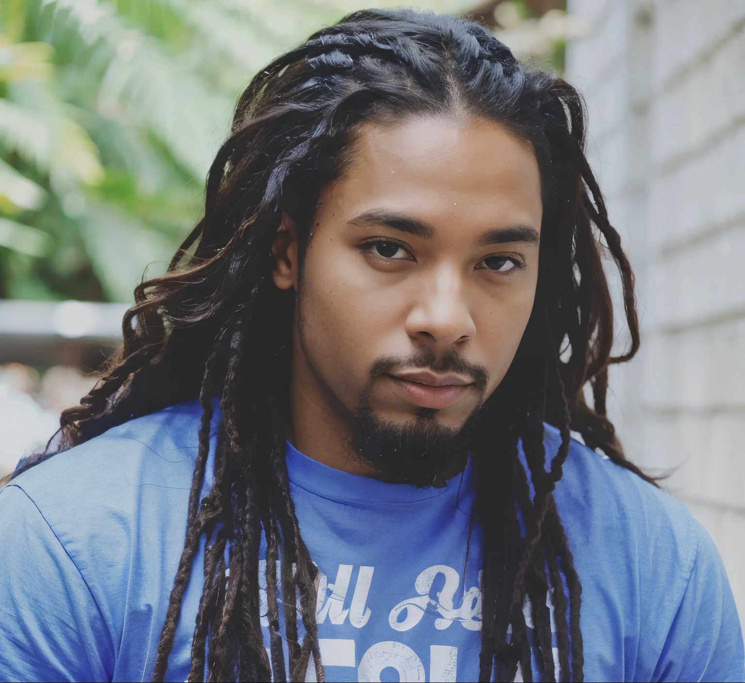 A close up of a man with long dreads wearing a blue shirt - SeaArt AI