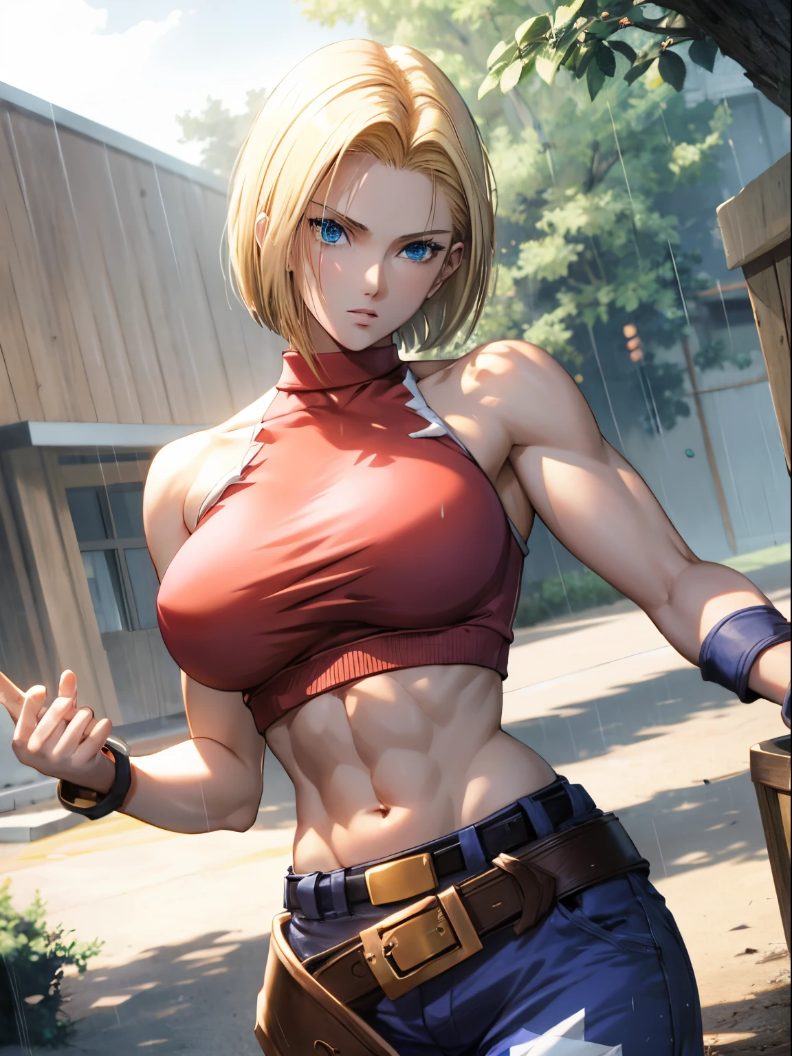 A blonde woman in a red top and jeans poses in the rain, Photorealistic perfect body, denizen of paradise annie leonhart, female lead character 👀 :8, Cammy, Photorealistic anime girl rendering, ultra realistic anime, 3D Realist Anime, Devil V can cry like an elf, Android 18, Realistic perfect body shading, hyper detailed photorealistic, hyper real render, large full breasts
