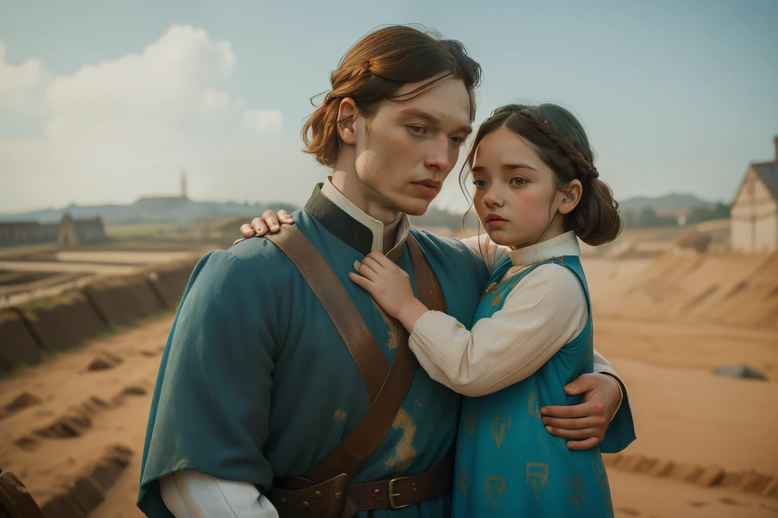 1135, England. otherworldly scene with an  outside a construction site, ((((39-year-old)) Sam Heughan)), hugging a 7-year-old daughter, look of relief, ((((poor tunic from the 12th century)))), ((Hairstyle of the 12th century)), ((Wes Anderson cinematic style)), colorful