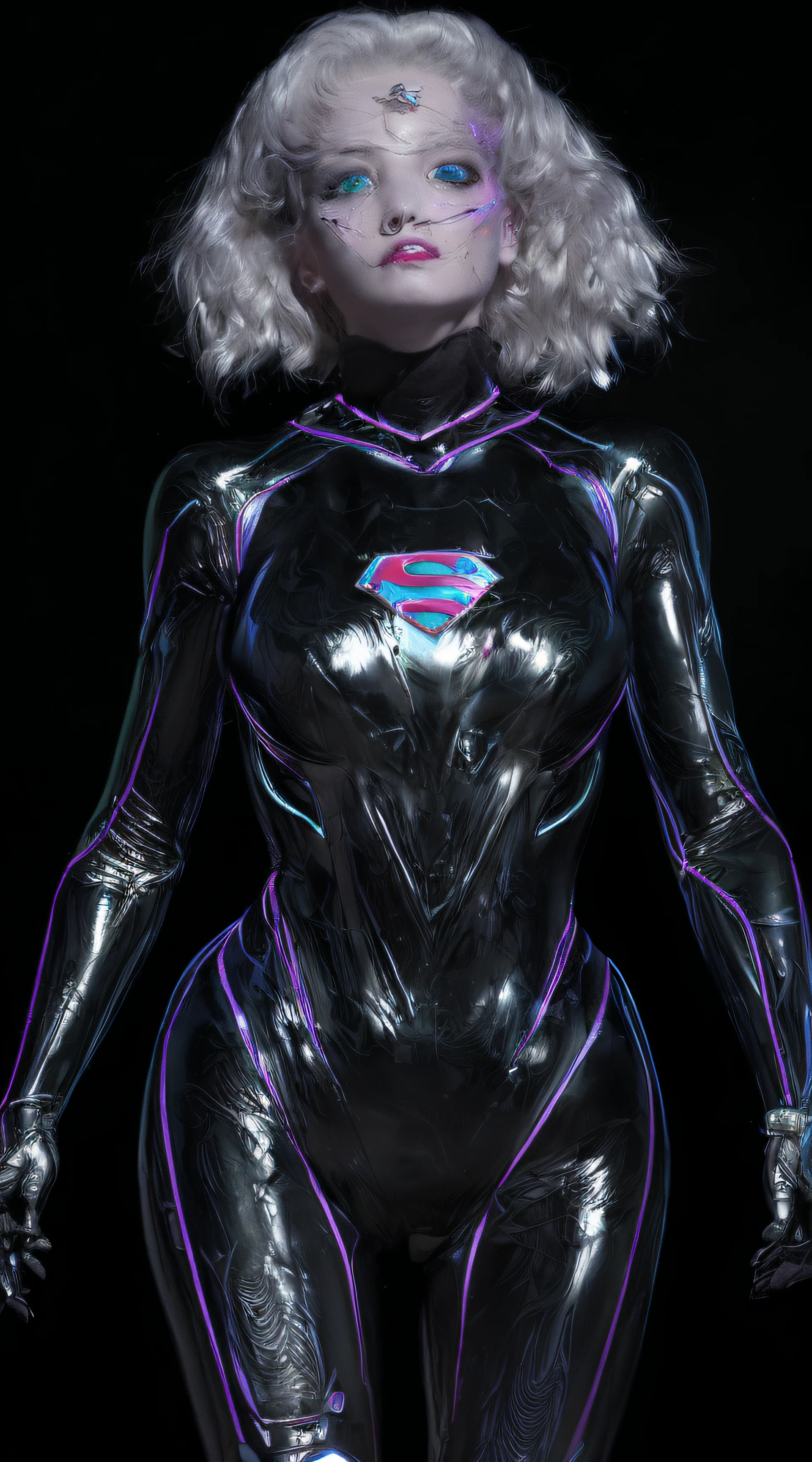 A woman in a shiny suit with a blue eye and a pink eye - SeaArt AI