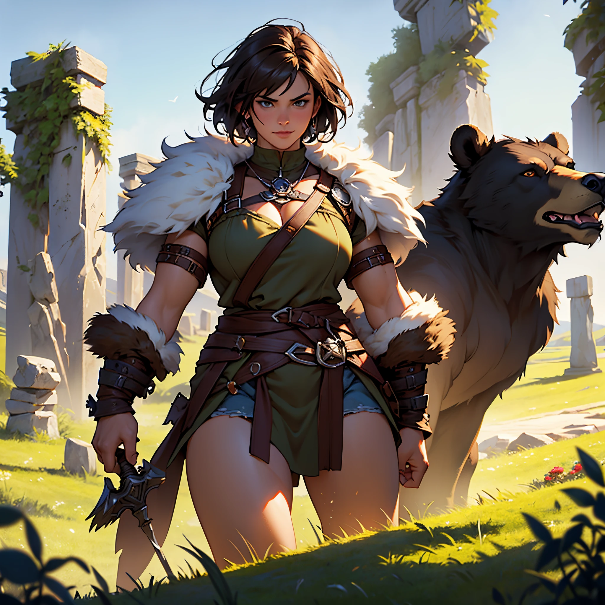 ​masterpiece, Best Quality, detailed, Cinematics, 4k, Background with: In front of Highland Stonehenge, Barbarian female druid wearing bearskin...(Brunette short hair), with the bear