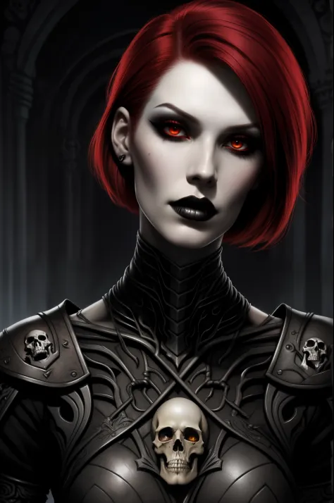Fantasy Female Necromancer with pale skin and short red hair  , clyde caldwell, dark mascara, heavy makeup, skulls