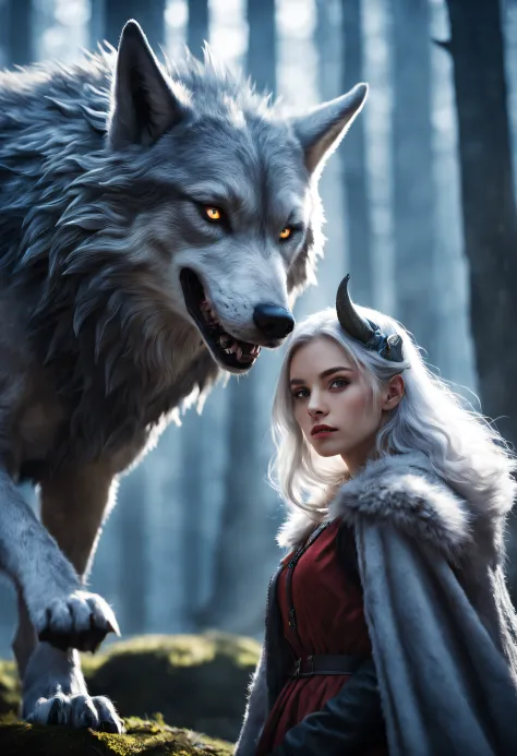 Beautiful 8K Ultra HD professional photos, Focus sharp, In a stunning fantasy world, Cute silver-haired girl，A giant wolf with e...