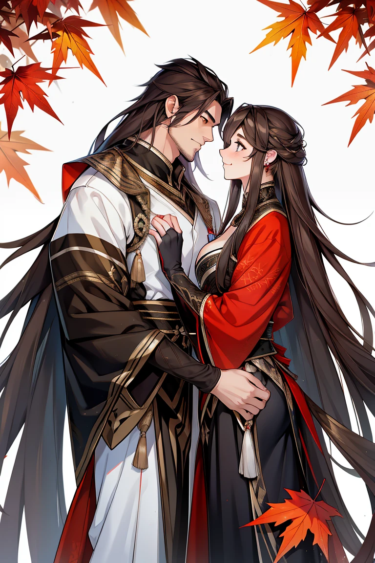 A girl with long flowing hair drags her handsome boyfriend#39;s cheek with her hand，Look at each other， shy，affectionate，The autumn leaves flutter