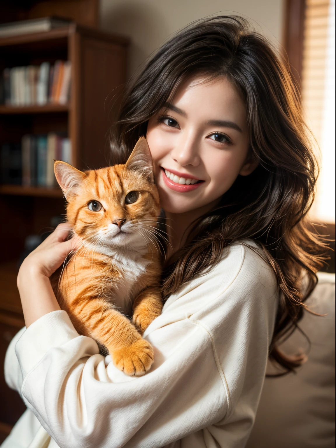 girl, wavy hair, big eyes, white oversize sweatshirt, hug orange cat, (smile:1.3), (photorealistic:1.2), (ultra realistic:1.3), (very detailed:1.1), ((masterpiece)),