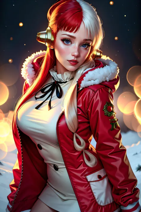 uta, white and red hair, a young woman wearing christmas outfit, 1female, seductive, detailed face, detailed , background christ...