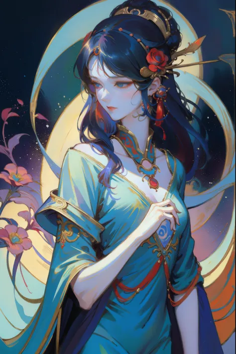 there was a woman in ancient china, (solo)，beautidful eyes，detailed face with，like a dream, red and blue-green flowers, ukiyo-st...