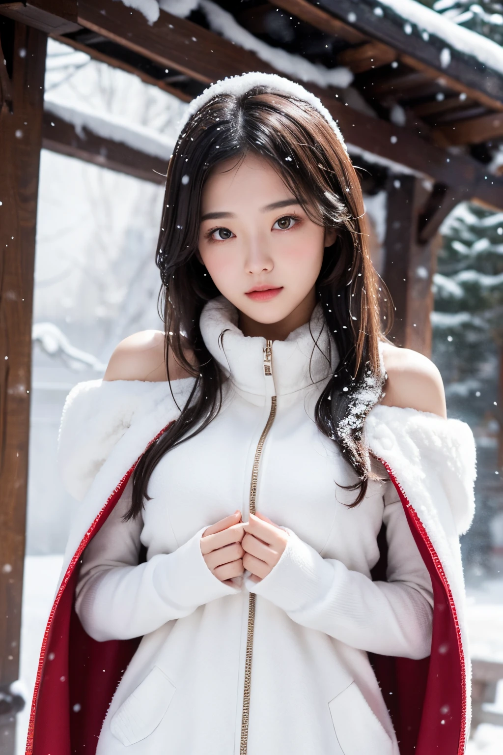 The girl covered her chest with her hands, Strategically cover the chest,medium booover your chest with your fingerew clothes,Bare shoulders，outside，Heavy snowfall，Thick fur cape，Cover with snow