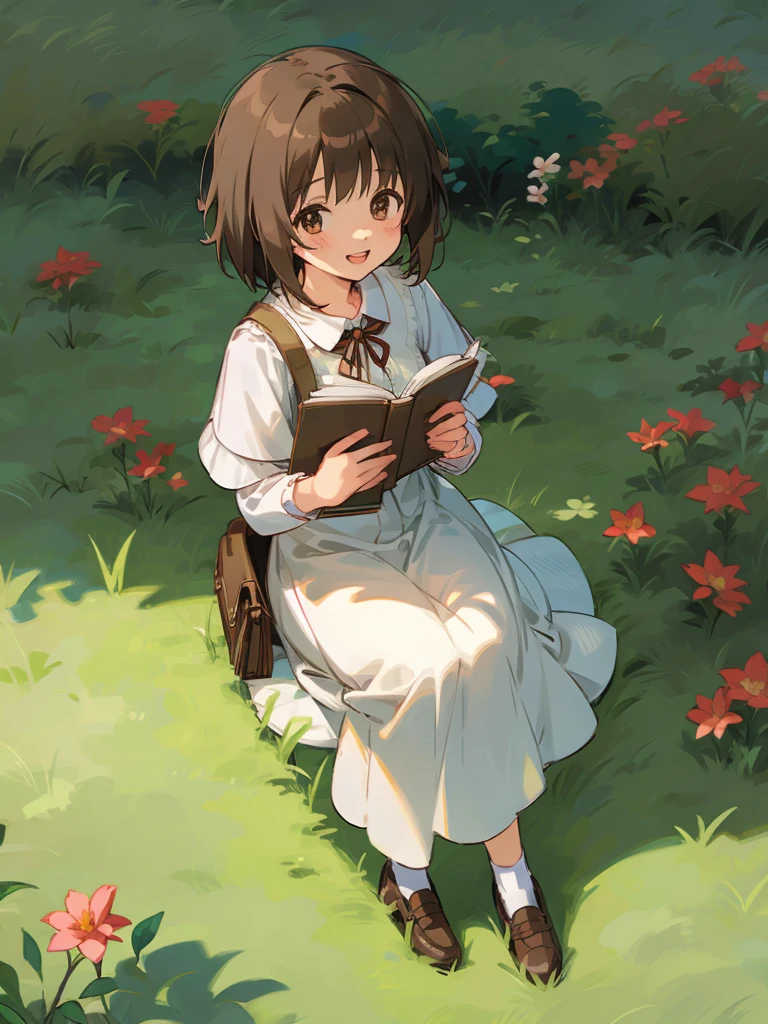 Chica de anime con cabello castaño corto, sonriendo suavemente, sentado en la hierba, libro de lectura, por flores.