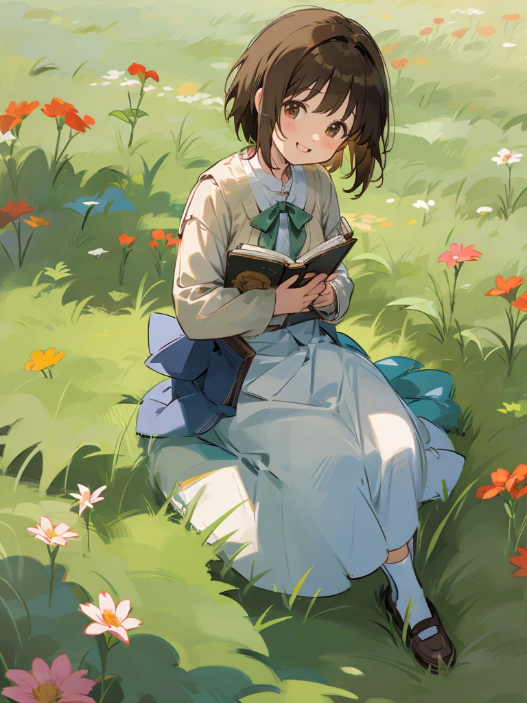 Chica de anime con cabello castaño corto, sonriendo suavemente, sentado en la hierba, libro de lectura, por flores.