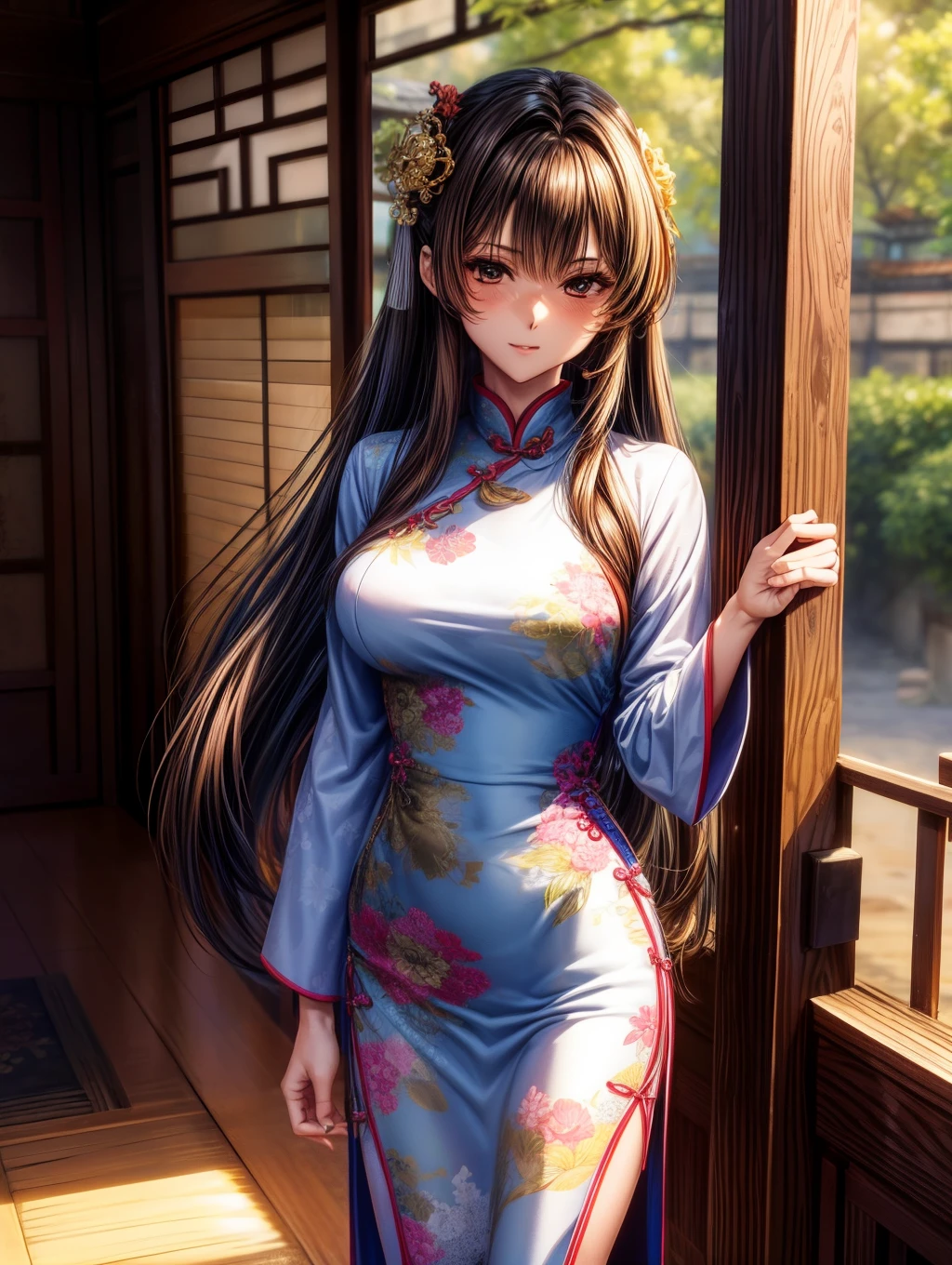 kurohime yuhi, (masterpiece:1.2), (Best quality at best:1.2), perfect  eyes, s the perfect face, 1 Girl, Alone, Straight hair，full body view, hi-res, 8K, Best Quality, large breast，beautiful girl，Beautiful face、dark brown haired、small brown eyes、Long Hair、1，sexy pose，Tight cheongsam，Ancient Chinese architecture