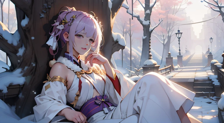 One of them  wearing purple clothes，long, floated hair、Alpha image of a woman with beautiful hairstyle，palaces，A girl in Hanfu，Very popular on cgstation，Guviz style artwork，Guwitz，Inspired by Du Qiong，Inspired by Ma Yuanyu，8K）），Cold winter，winter solstice，Wear thick clothing，There  a fur collar，nevando，Winter view，beautiful snowy landscape，Oyuki，External，Chilling，The hair was blown up，The face  delicate