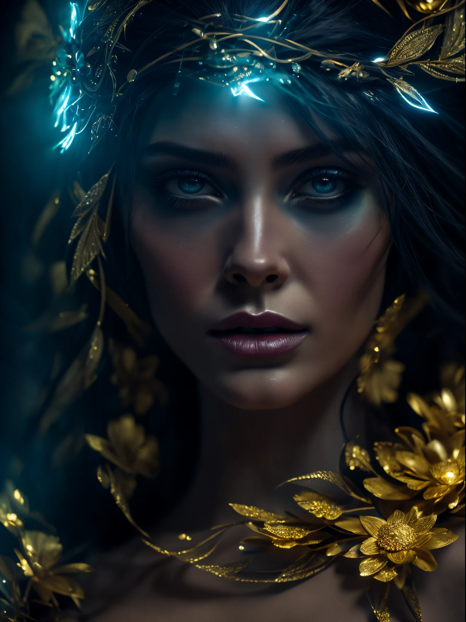 Awesome cover witch. Beautiful hyperealistic portrait, susana gimenez  style,dramatic caravaggio lighting, haute couture dress and  headdress, mix pojatti and philip treacy with. ultra detailed artistic photography, sci-fi, tech wear, direct gaze, depth of field, elegant, highly detailed, digital painting, concept art, smooth, sharp focus, illustration,midnight aura, night sky, dreamy, backlit, glamour, glimmer, shadow, ultra high definition, 16k, unreal engine 5, ultra sharp focus, intricate artwork masterpiece, ominous, matte painting movie poster, golden ratio, production cinematic character render, 3d flowers
