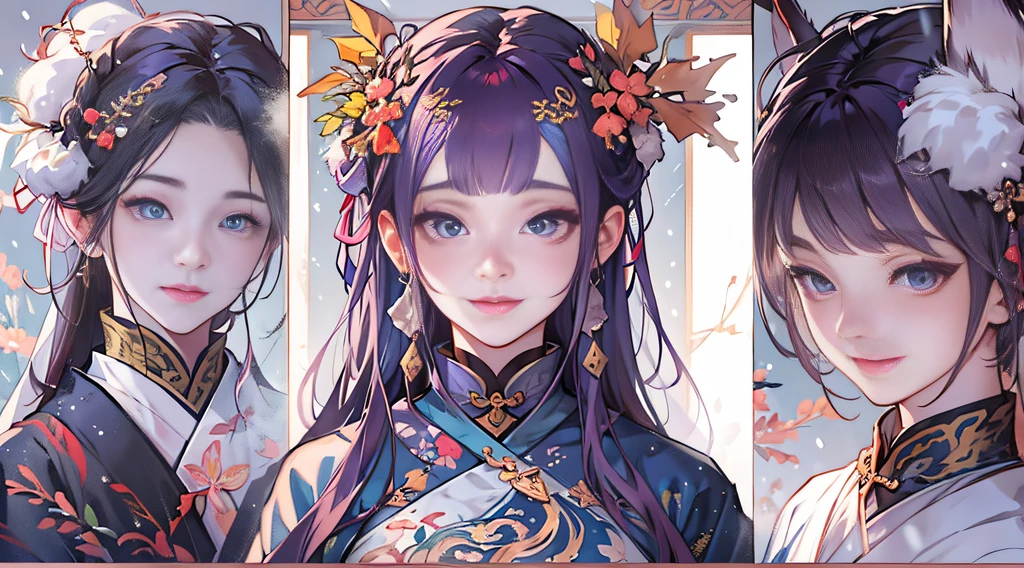 One of them  wearing purple clothes，long, floated hair、Alpha image of a woman with beautiful hairstyle，palaces，A girl in Hanfu，Very popular on cgstation，Guviz style artwork，Guwitz，Inspired by Du Qiong，Inspired by Ma Yuanyu，8K）），Cold winter，winter solstice，Wear thick clothing，There  a fur collar，nevando，Winter view，beautiful snowy landscape，Oyuki，External，Chilling，The hair was blown up，The face  delicate