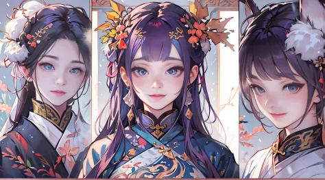 One of them  wearing purple clothes，long, floated hair、Alpha image of a woman with beautiful hairstyle，palaces，A girl in Hanfu，V...