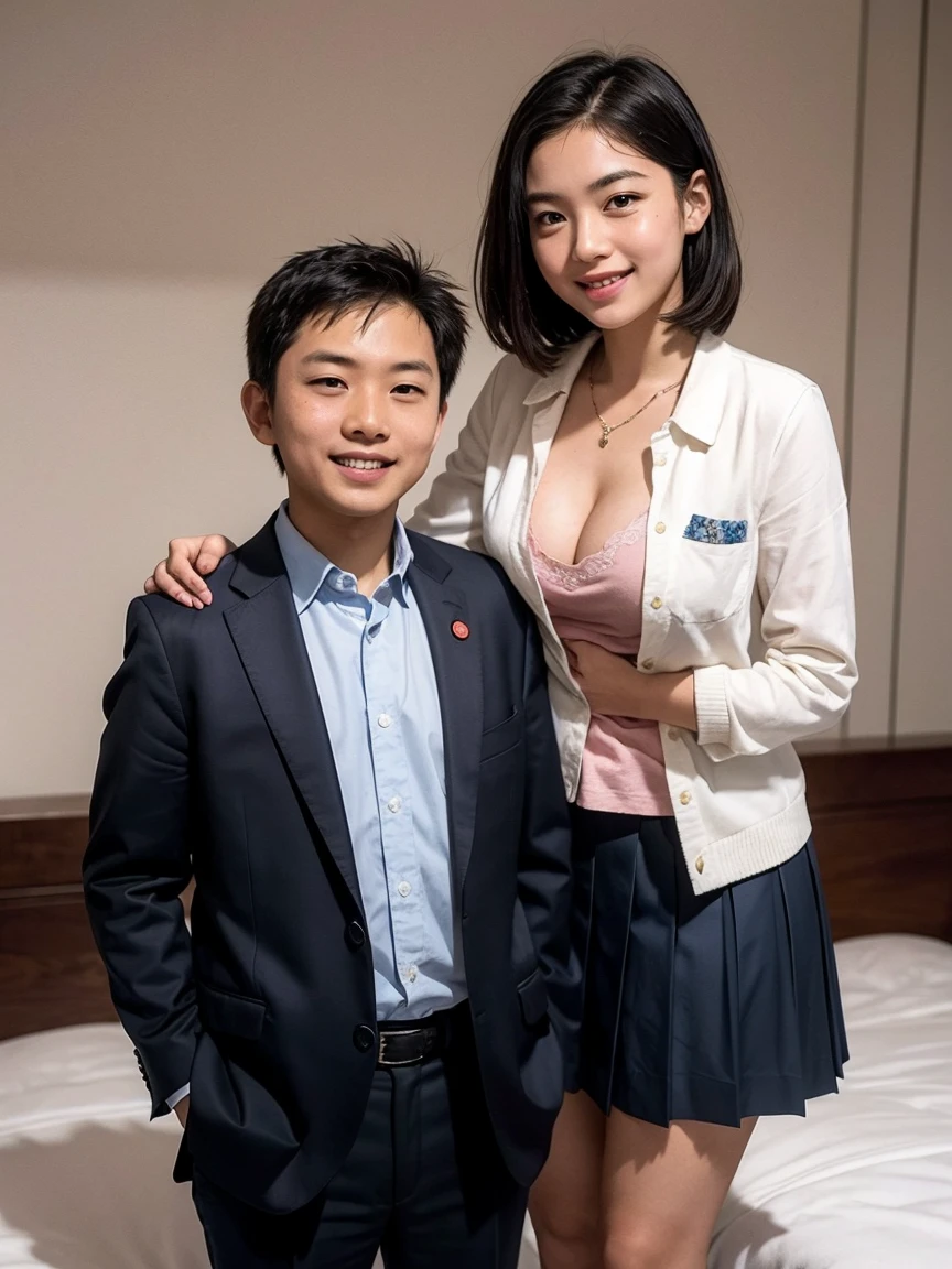55-year-old short-haired male politician poses with 13-year-old flat-chested 女孩, 害羞地笑, 有乳沟, 真实灯光, 在床上休息
(校服), 女孩