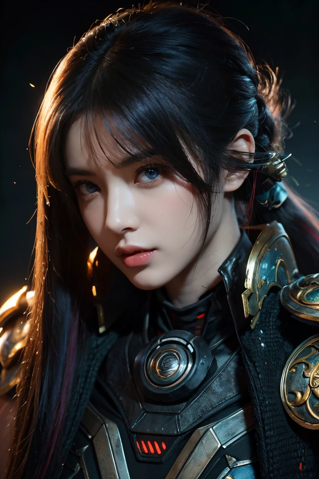 tmasterpiece,Best quality,A high resolution,8K,(Portrait),((Head close-up)),Real photos,digital photography(Women who combine ancient fantasy style with futuristic cyberpunk style),20-year-old girl,Long ponytail hairstyle,By bangs,(Random Color Eyes),(Random-colored hair),Plump,,Elegant and noble,Serious and indifferent,Clothes that combine ancient costumes with modern combat uniforms,Shoulder armor,Openwork design,rich details​,Keep your mouth shut,Intricate ornaments,cyber punk style,(Woman warrior),white backgrounid,oc render reflection texture