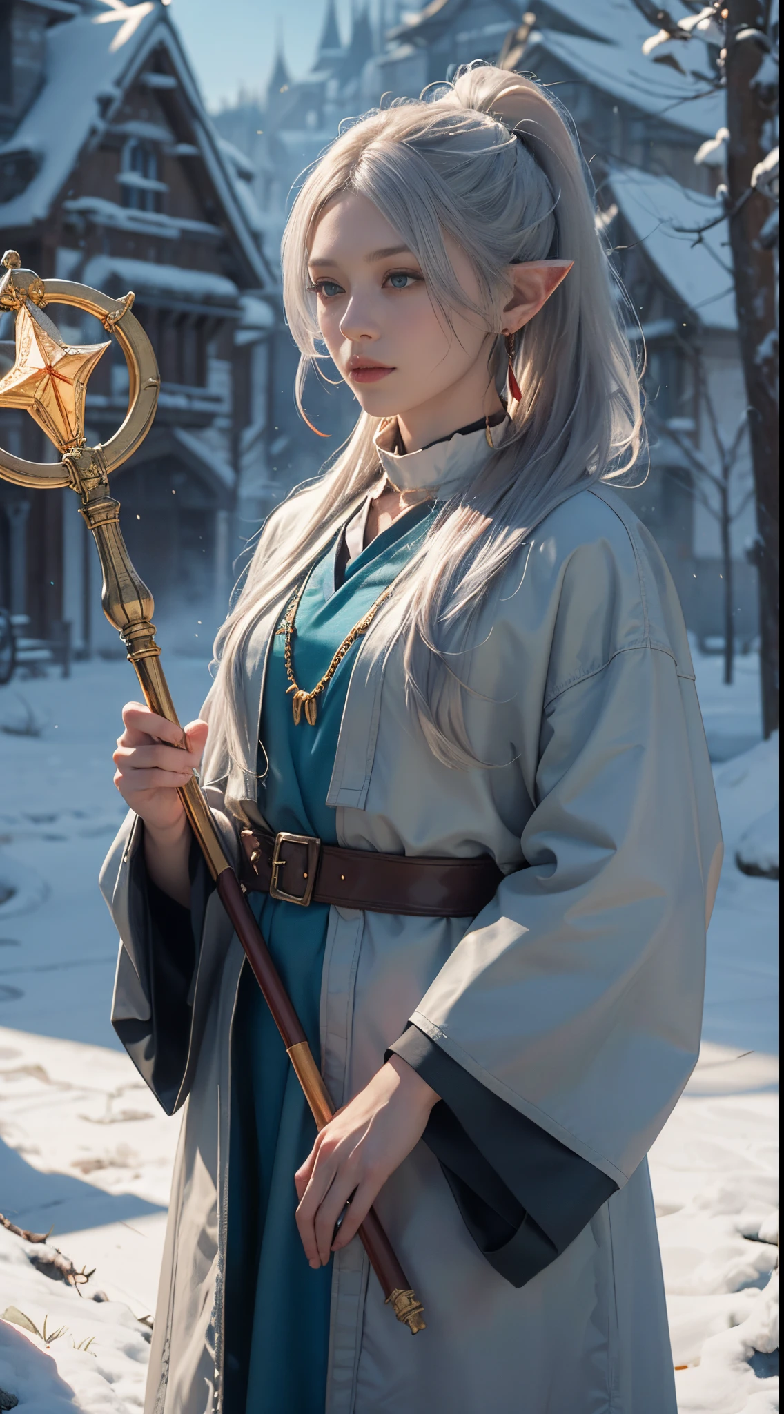 FrierenWinter, 8k, best quality, highres, realistic, real person, A wizard character with silver ponytail hair, earrings, and a shorter stature. The wizard is holding a luxurious, ornately decorated staff but is not wearing a hat. Their outfit is a blend of traditional wizard robes and contemporary magical attire, rich in detail and color. The character's expression is wise and confident, reflecting their mastery in magic. The background is a mystical setting, with elements of magic and fantasy.