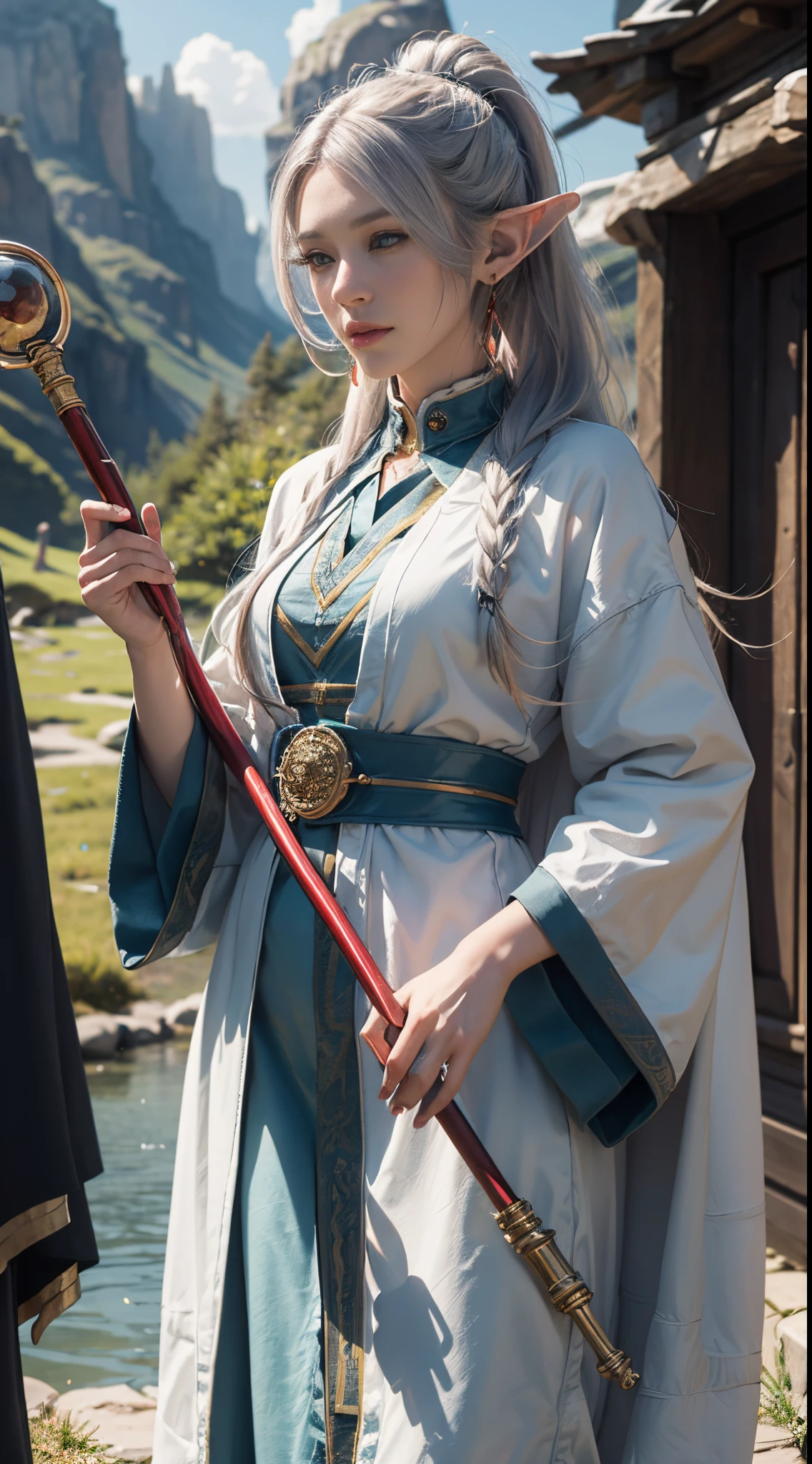 FrierenWinter, 8k, best quality, highres, realistic, real person, A wizard character with silver ponytail hair, earrings, and a shorter stature. The wizard is holding a luxurious, ornately decorated staff but is not wearing a hat. Their outfit is a blend of traditional wizard robes and contemporary magical attire, rich in detail and color. The character's expression is wise and confident, reflecting their mastery in magic. The background is a mystical setting, with elements of magic and fantasy.