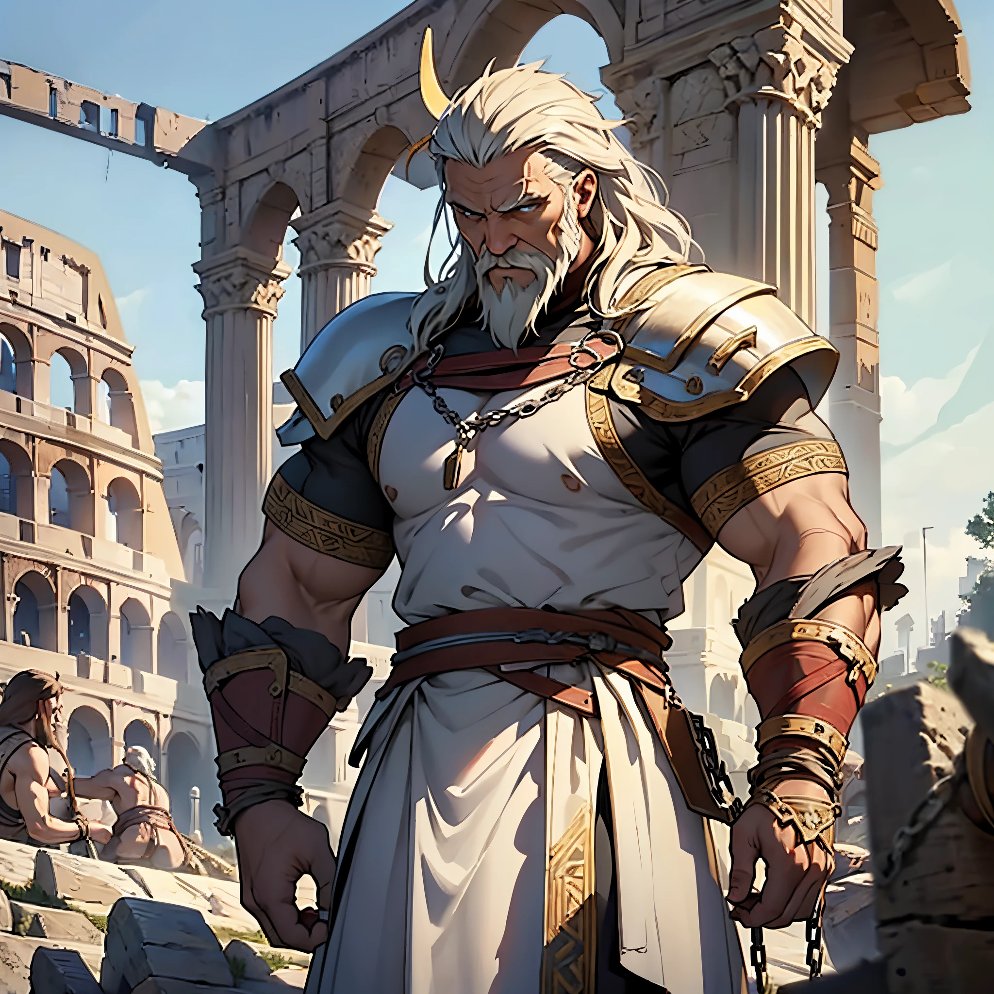 ​masterpiece, Best Quality, detailed, person upper body, Cinematics, 4k, Background with:Colosseum without people, viking old man slave warrior,  tied up in huge chains