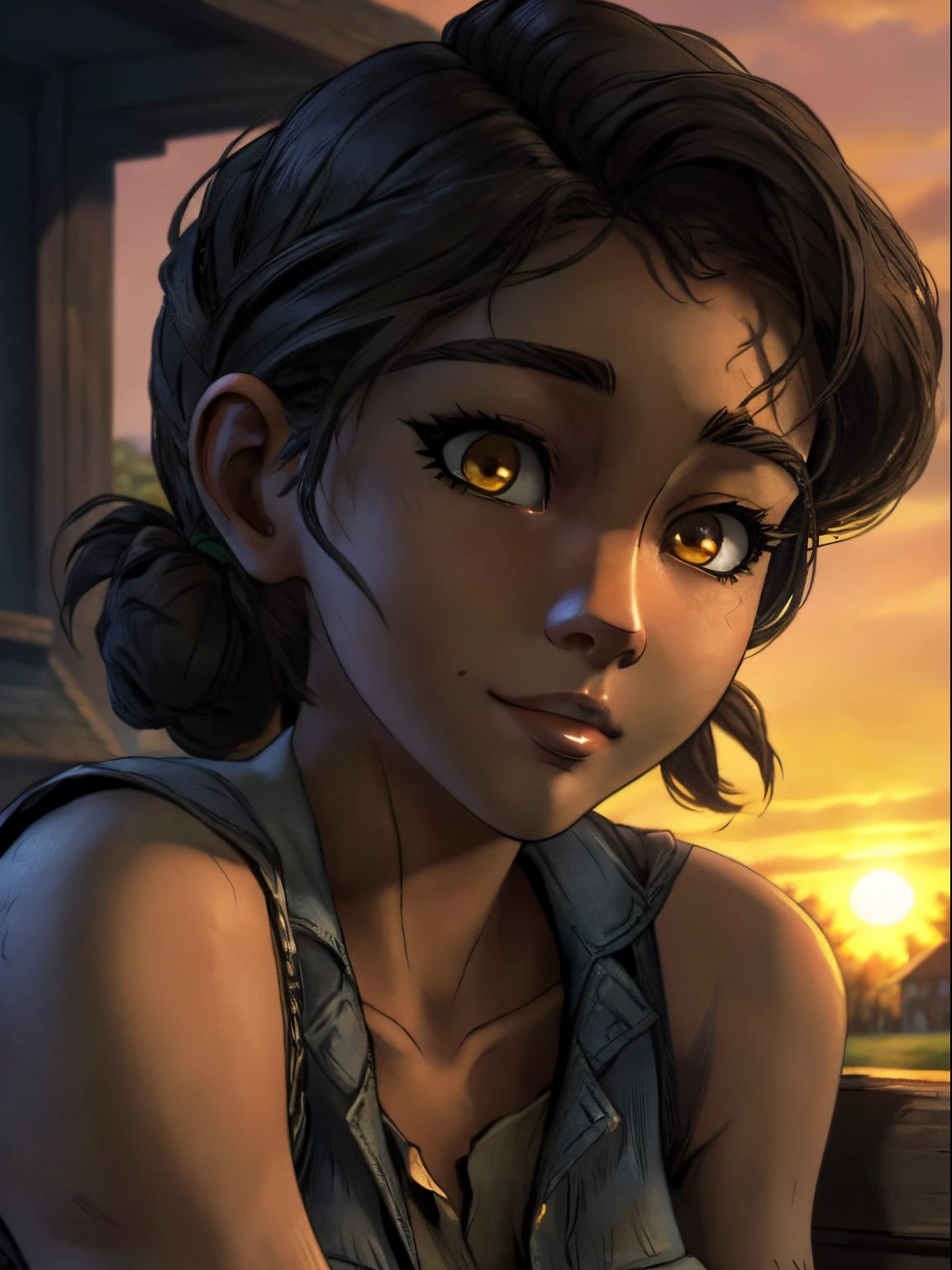 ((ultra quality)), ((tmasterpiece)), Clementine from the walking dead, ((Black, hairlong)) (Beautiful cute face), (beautiful female lips), Charming, ((aroused expression)), looks at the camera with a gentle smile, eyes are slightly closed, (skin color dark), Body glare, ((detailed beautiful female eyes)), ((dark yellow eyes)), (juicy female lips), (beautiful female hands), ((perfect female figure)), perfect female body, Beautiful waist, gorgeous big thighs, beautiful breasts, ((Subtle and beautiful)), sitting on a bench, (close-up of the face), (wearing blue jeans, gray sleeveless tank) background: country house, backyard, evening, Beautiful sunset, ((Depth of field)), ((high quality clear image)), (crisp details), ((higly detailed)), Realistic, Professional Photo Session, ((Clear Focus)), the anime