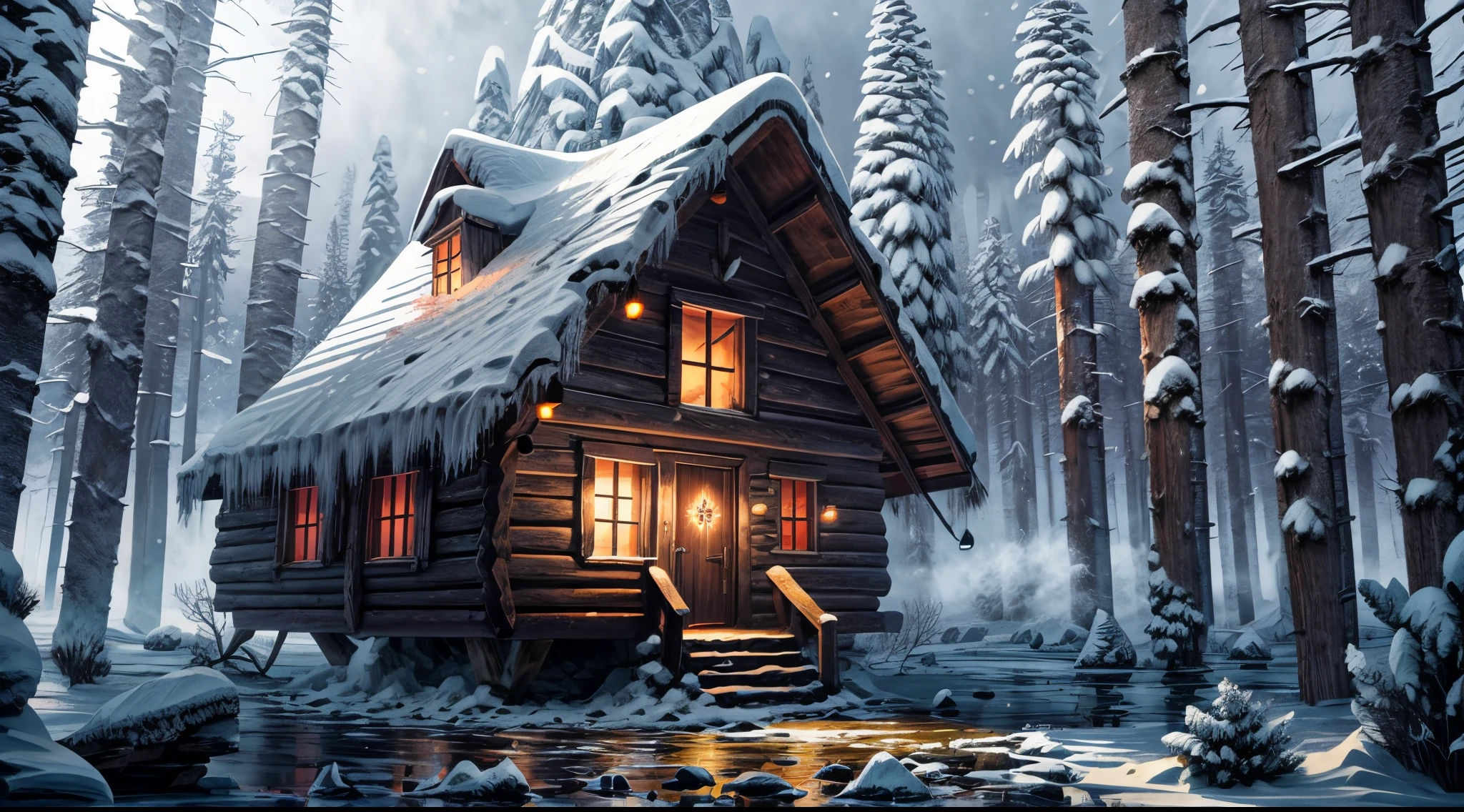 (cKunstoon style), Landschaft ohne Menschen, die einen Winterwald darstellt, in dem sich in der Mitte des Bildes eine Hütte einer bösen Hexe befindet, ((dunkler Wintertag)), Illustration für Kinder, Meisterwerk, Schneesturm im Hintergrund, winter, Fallender Schnee, ausführlich, kompliziert, 4k, Kunst