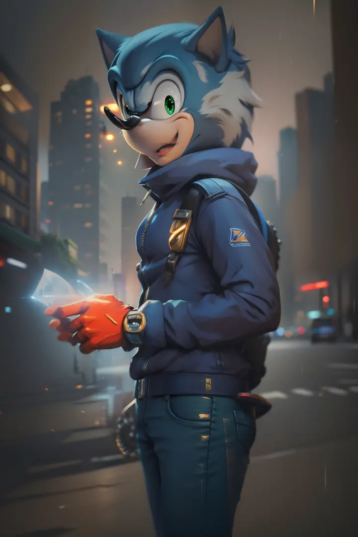 sonic the hedgehog in the city at night, sonic, hero pose colorful city lighting, game