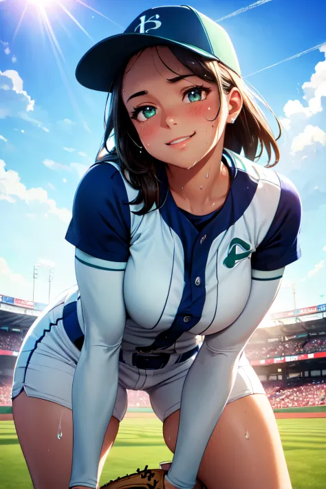 (High quality, High resolution, Fine details), Realistic, (baseball uniform), focused gaze, green baseball field, blue sky and w...