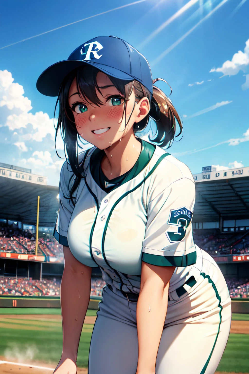 (gute Qualität, hohe Auflösung, Feine Details), (Baseballuniform), Fokussierter Blick, grünes Baseballfeld, Blauer Himmel und weiße Wolken, Sonnenlicht wirft Schatten, Sonnenstrahlen erhellen die Szene, beleuchtete Action-Aufnahme, professionelle Sportfotografie, Allein, kurvige Frau, leuchtende Augen, (detaillierte Augen), lächeln, erröten, (Schweiß), Ölige Haut, geringe Schärfentiefe