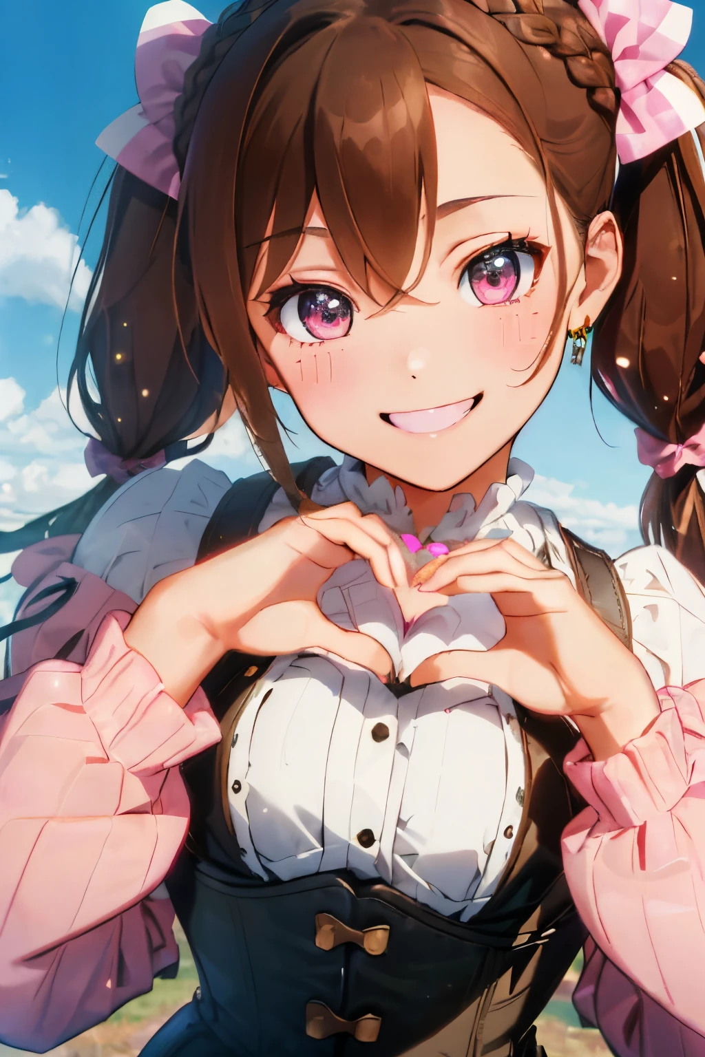 ((Brown hair)),((Braided shorthair)),((Brown eyes)),((Pigtails)),((With bangs)),Smiling smile,(Winter clothes),((Long sleeves with open shoulders and puff sleeves)),((corsets)),(Striped clothing),((pink there,Green grass,amarelo,blanche)),(((Smile while winking))),((He is posing with his hands in the shape of a heart...)),(Flying Heart Mark),((Colorful and pop world view)),((close up of face)),(((eyes close up))),