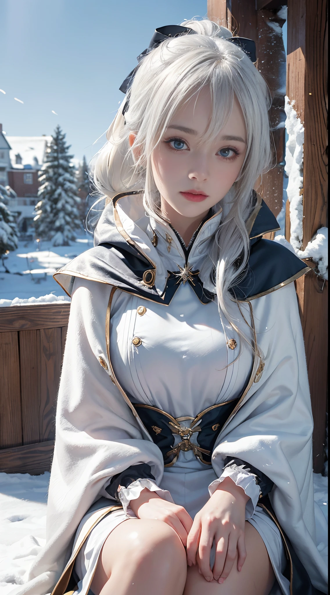(8K)，realistically, A high resolution, 1 Women, own, (A gorgeous one，Lolita costume)， pretty eyes, White hair, eye socket, (sitted，Cloak，blanketed in a mantle of snow)，Snow resort，Blizzarding，