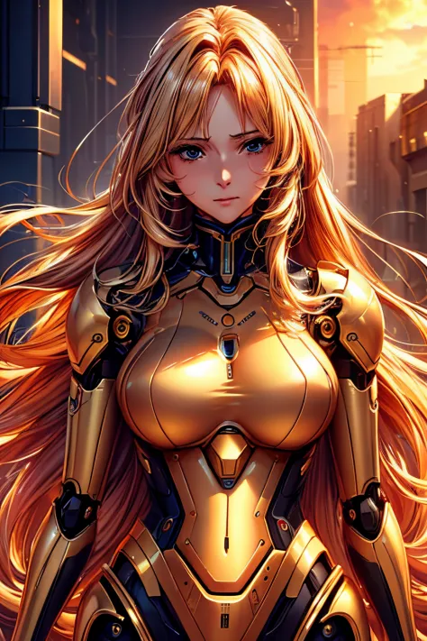 (Best quality at best,8K,A high resolution,tmasterpiece:1.2),digital creation,woman in her 20s,Beautiful flowing golden hair,gentle expressions, robot ，mechanical outfit