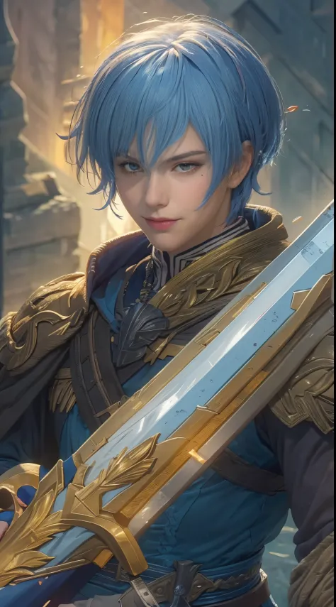 8k, best quality, highres, realistic, real person, a heroic character with silky blue bobbed hair, holding a legendary sword. th...