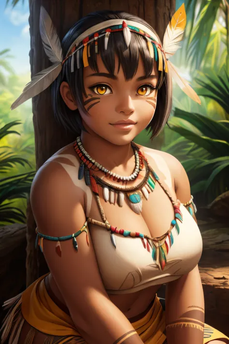 ((ultra quality)), ((tmasterpiece)), young girl shaman, ((white-gray very short hair)), (Tribal feather decorations on the head)...