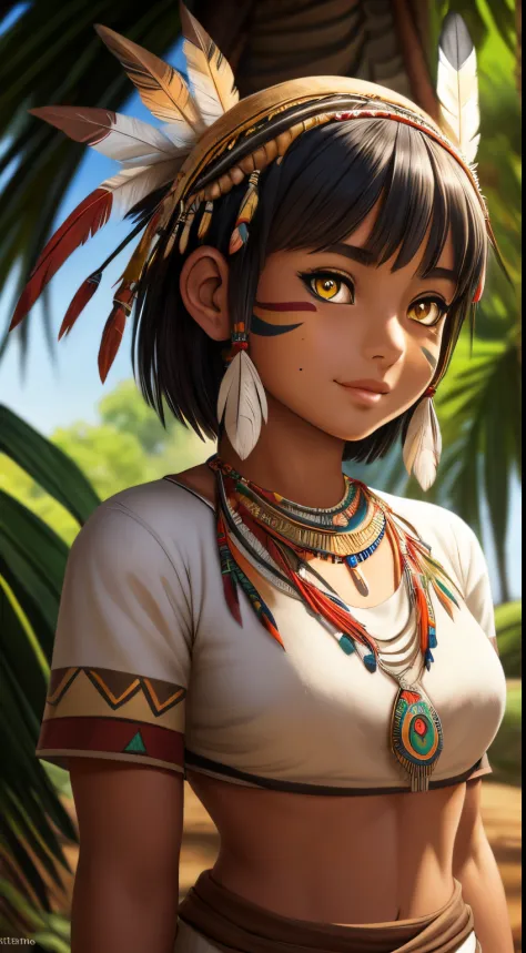 ((ultra quality)), ((tmasterpiece)), young girl shaman, ((white-gray very short hair)), (Tribal feather decorations on the head)...