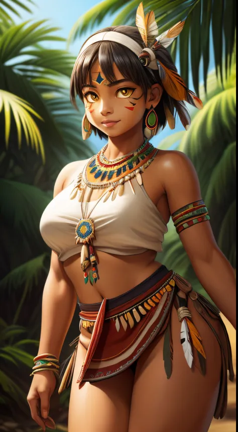 ((ultra quality)), ((tmasterpiece)), young girl shaman, ((white-gray very short hair)), (Tribal feather decorations on the head)...